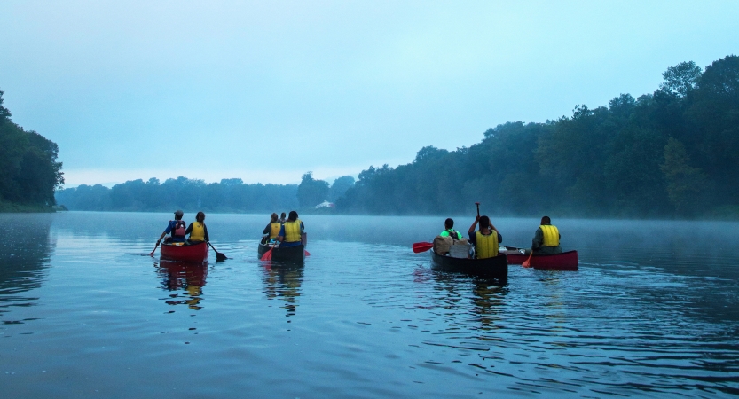 A group of people wearing yellow life jackets paddle canoes away from the camera in blue fog